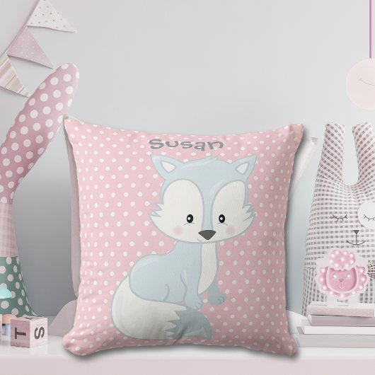 Coussin Pastel Pink-White Polka-Dot Baby Fox Monogramme