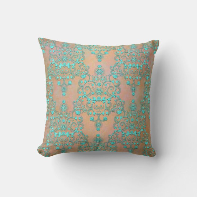 Coussin Pastel sarcelle sur damas fancée dorée pêche (Recto)