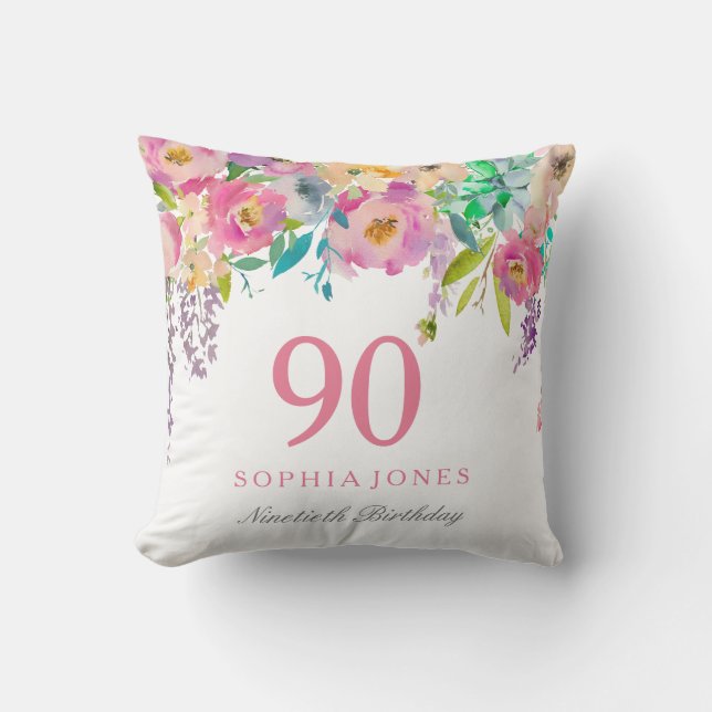 Coussin Pastel Watercolor Flowers 90e anniversaire Cadeau (Recto)