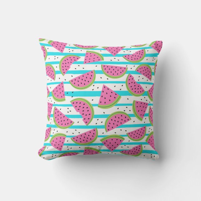 Coussin Pastèque au néon sur le motif de rayures (Recto)