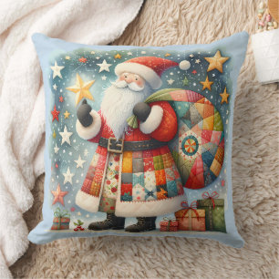 Coussin Patchwork à carreaux Père Noël avec étoiles de Noë