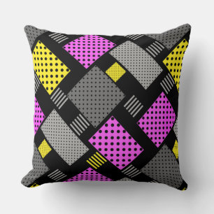 Coussin Patchwork avec pois et rayures violet jaune