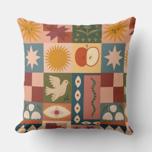 Coussin Patchwork céleste bohémien avec symboles mystiques