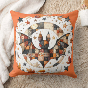 Coussin Patchwork Chat d'Halloween aux couleurs d'automne