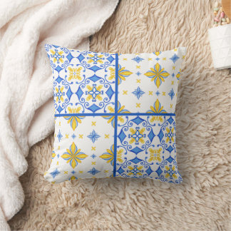 Coussin Patchwork de carreaux méditerranéens bleu jaune
