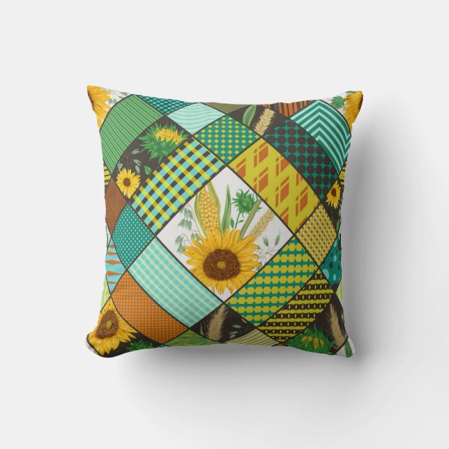 Coussin Patchwork de céréales, tournesols, motif géométriq (Recto)