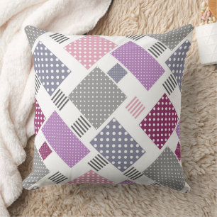 Coussin Patchwork en pois et rayures rose et prune