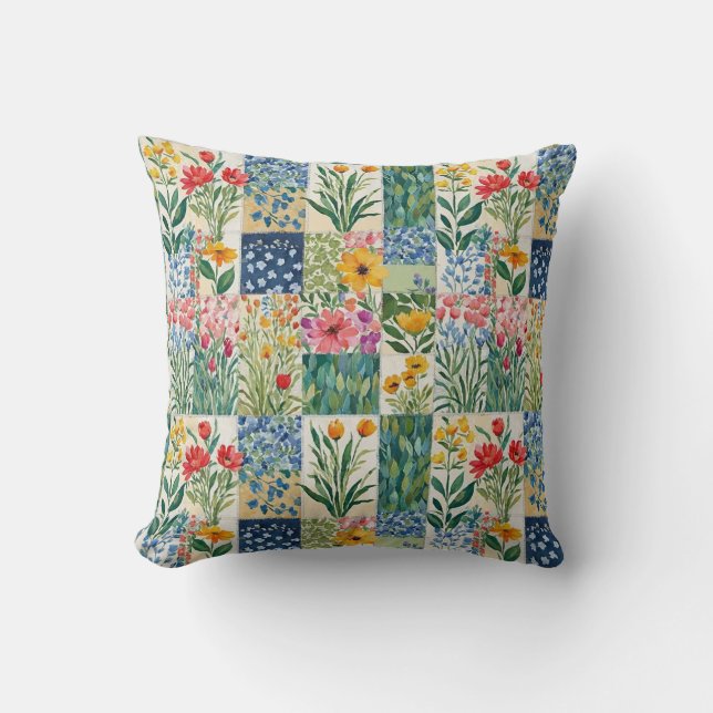 Coussin Patchwork Floral Fleurs de Jardin Botanique Jolie (Recto)