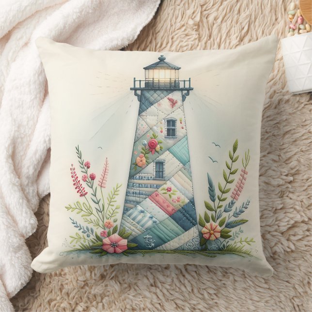Coussin Patchwork Lighthouse Coastal Floral Scene (Couverture)