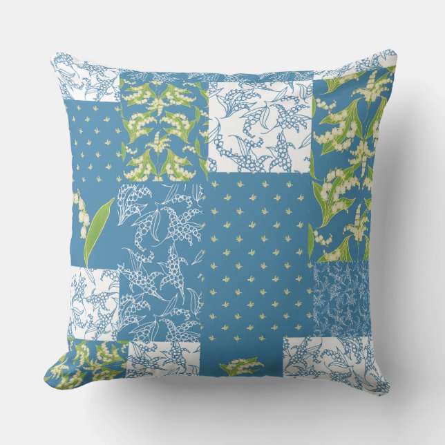 Coussin Patchwork Lilies-of-the-Valley Faux, Bleu (Recto)