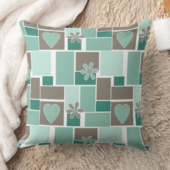 Coussin Patchwork marron turquoise de carrés (Couverture)