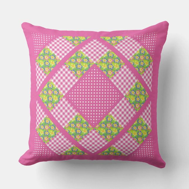Coussin Patchwork rose Faux, Primroses, Polkas et En vichy (Recto)
