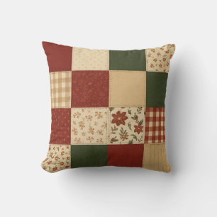 Coussin Patchwork Rouge Vert Quilt Rustique Ferme