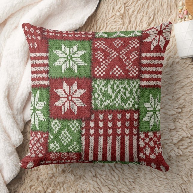 Coussin Patchwork tricoté classique de Noël - Rouge, Vert (Couverture)