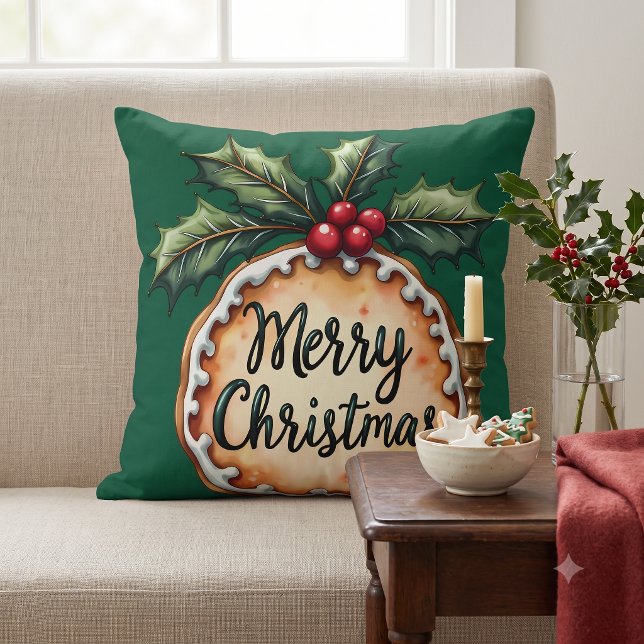 Coussin Pâte sablée de Noël aux baies de houx vertes (Merry Christmas Cookie with Holly Berries Green Throw Pillow)