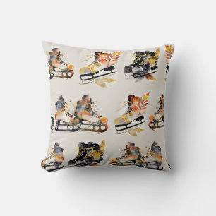 Coussin Patins à glace aquarelle avec motif de feuilles d'