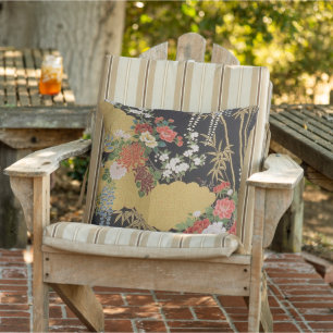 Coussin Patio floral japonais traditionnel noir et or