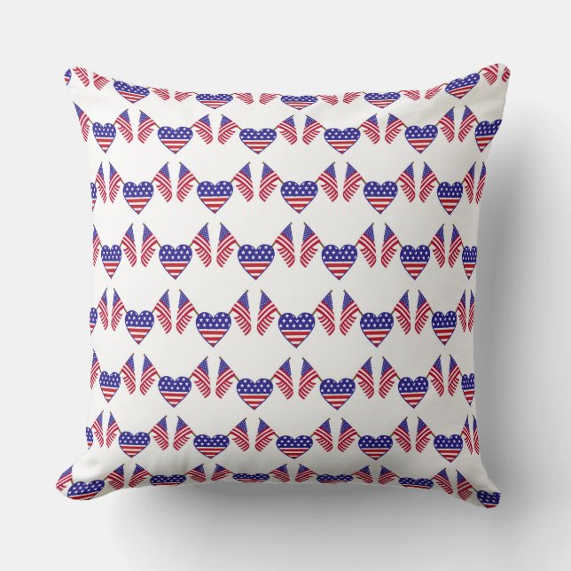 COUSSIN PATRIOTIQUE ROUGE BLANC DRAPEAUX ET COEURS BLEUS (Recto)