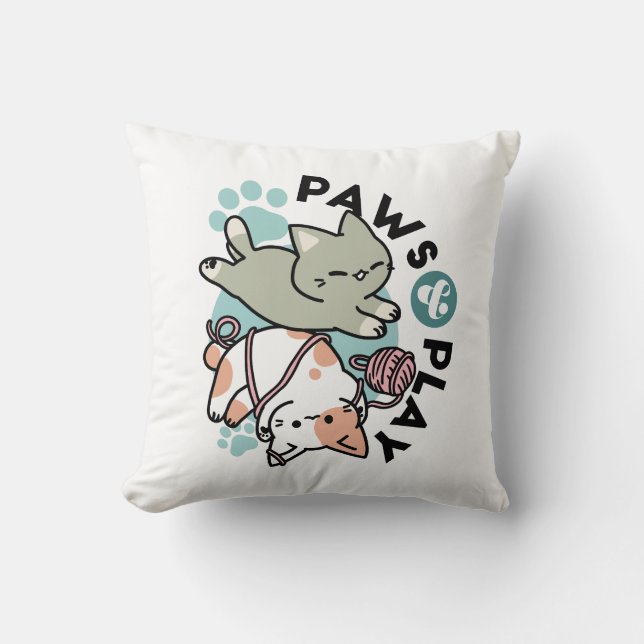 Coussin Pattes et Jeux – Illustration de Chat Adorable (Recto)