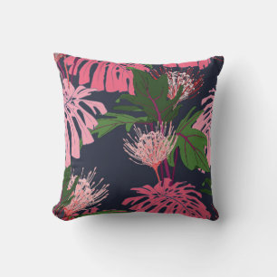 Coussin Paume tropicale exotique vert et rose feuilles et