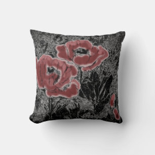 Coussin Pavot à fleurs rouges noires grises croisées