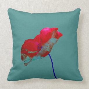 Coussin Pavot bleu rouge à feuilles turquoises