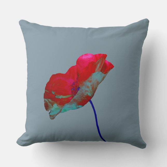 Coussin Pavot bleu rouge sur gris (Recto)