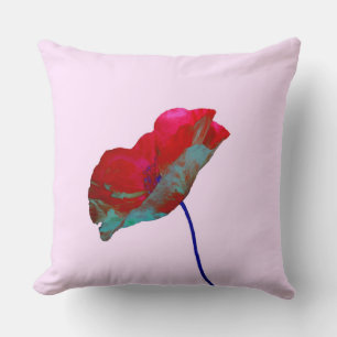 Coussin Pavot bleu rouge sur rose pastel