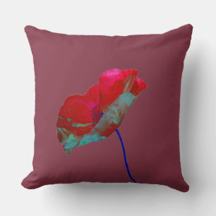 Coussin Pavot bleu rouge sur rouge bordeaux
