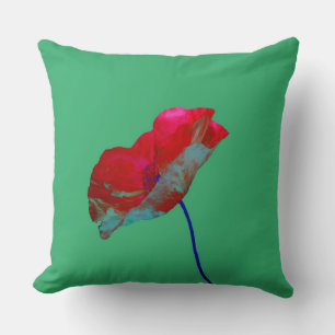 Coussin Pavot bleu rouge sur vert émeraude