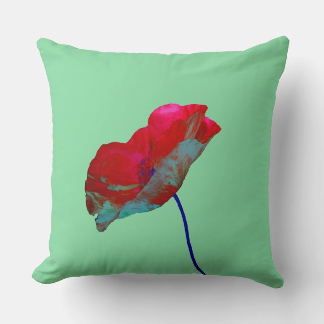 Coussin Pavot bleu rouge sur vert pastel (Recto)