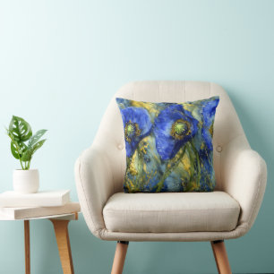 Coussin Pavots bleus royaux dans un tourbillon d'or