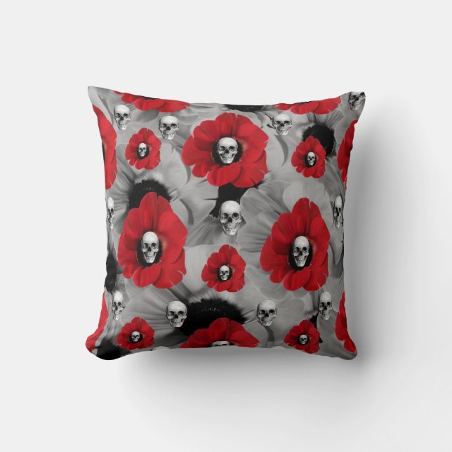Coussin Pavots et crânes de point de polka (Recto)