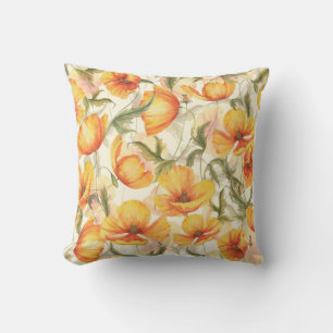 Coussin Pavots jaunes : motif d'aquarelle dessiné à la mai