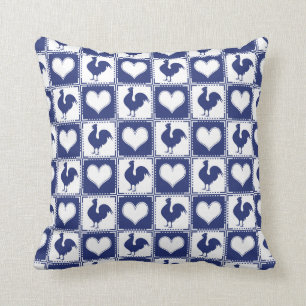 Coussin Pays de coq et de coeur bleu et blanc de ferme