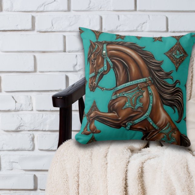 Coussin Pays occidental Equestre Turquoise Cheval Brown (Créateur téléchargé)