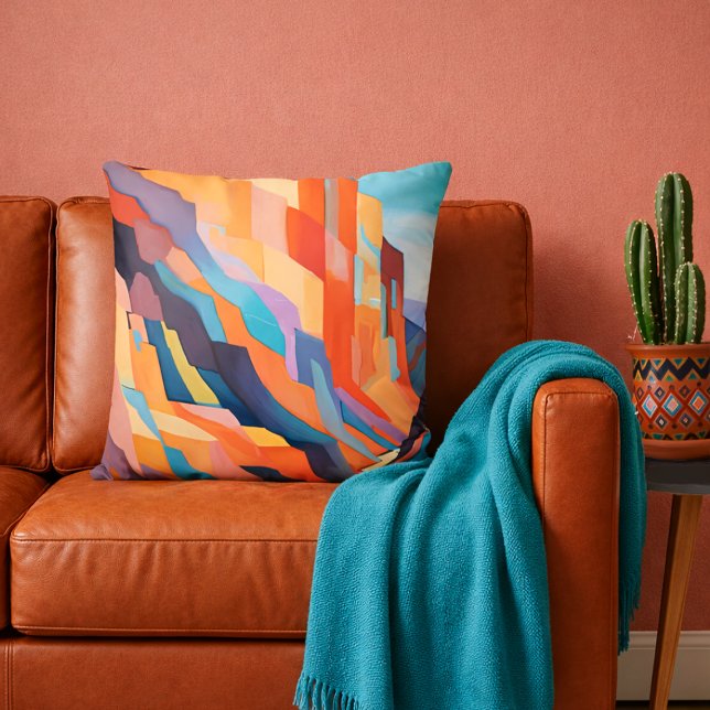 Coussin Paysage abstrait coloré du Sud-Ouest (Vividly colored southwestern canyon cliffs landscape throw pillow in modern desert ranch home settin)