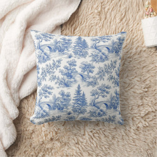 Coussin Paysage boisé de toile de Jouy vintage bleu frança