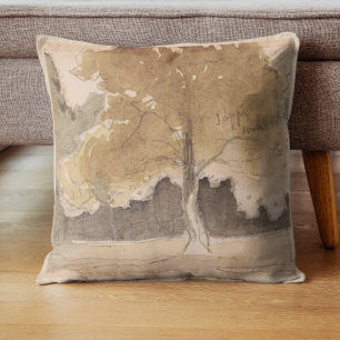 Coussin Paysage d'arbre vintage aquarelle, Cottage neutre