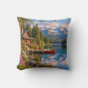 Coussin Paysage de cabane au lac de montagne