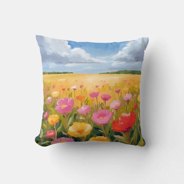 Coussin Paysage de champ de fleurs à l'aquarelle (Recto)