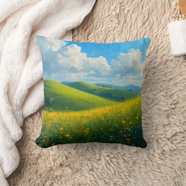 Coussin Paysage de collines vertes vibrantes et de fleurs  (Couverture)