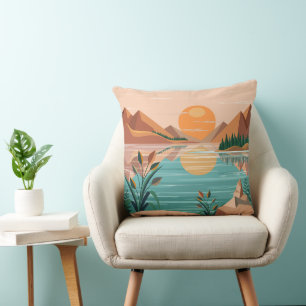 Coussin Paysage de coucher de soleil sur un lac de montagn