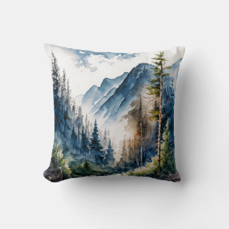Coussin Paysage de la forêt de montagne Aquarelle