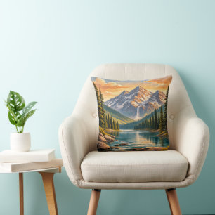 Coussin Paysage de lac de montagne alpin au coucher de sol