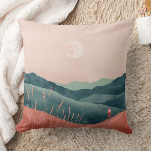 Coussin Paysage de montagne bohème sarcelle Lune rose (Couverture)