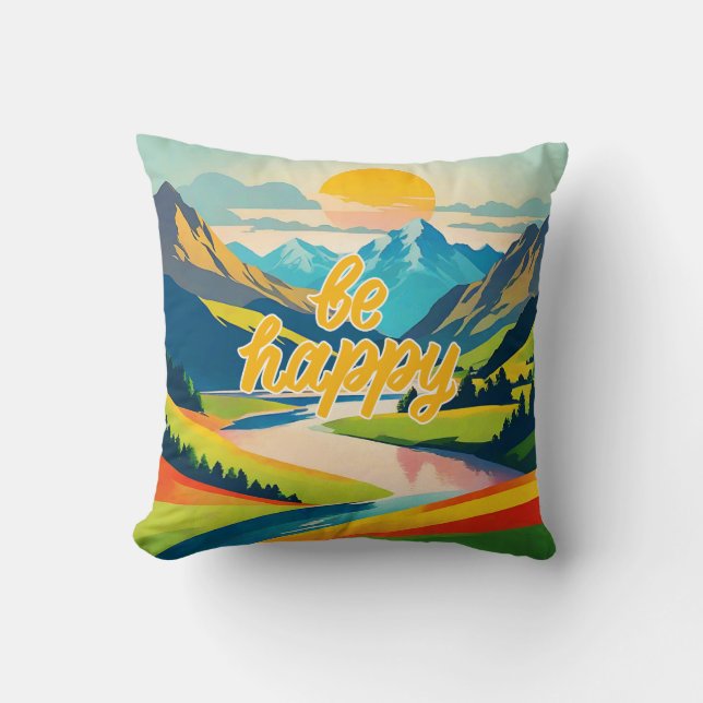 Coussin Paysage de montagne Retro Soyez heureux (Recto)