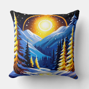 Coussin Paysage de nuit d'hiver avec des montagnes enneigé