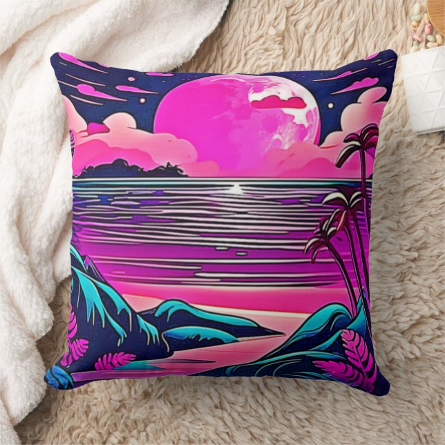 Coussin Paysage de plage néon Lune Rose (Couverture)