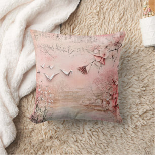 Coussin Paysage de sérénité aux fleurs de cerisier roses (